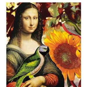 Mona Lisa and parrot iron-on image transfer, Mona Lisa patch, collage patch, Louvre Paris, Modern Mona Lisa, Monalisa