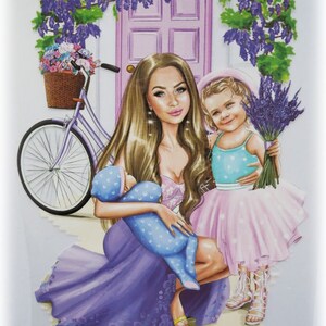 May include: A woman in a purple dress holds a baby in a blue and white polka dot outfit. A young girl in a pink dress and a white hat holds a bouquet of lavender. The woman and girls are standing in front of a pink door with a bicycle and a basket of flowers.