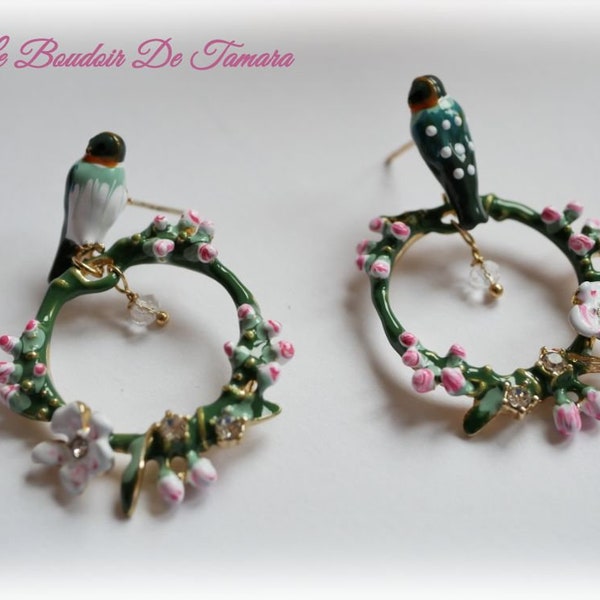 Collection enamelled bird creole earrings