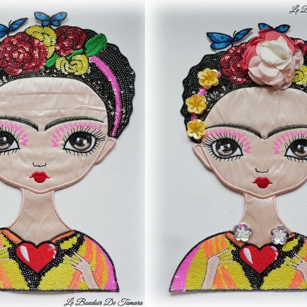 Grand patch brodé Frida Kahlo 3D thermocollant 27 x 17 cm, broderie Frida Kahlo, Frida Kahlo à coudre, applique Frida Fahlo,mode Frida Fahlo