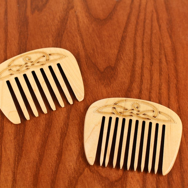 Wooden Travel Hair Comb, Celtic Knot, Wide or Narrow Toothed, Laser Engraved, Solid Hard Maple, Masterpiece Laser, 4"L x 3 1/4"W x 3/8"D