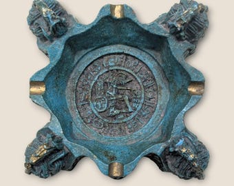 Vintage Green Crush Malachite Stone Ashtray 5" Dish Aztec Mayan Warriors