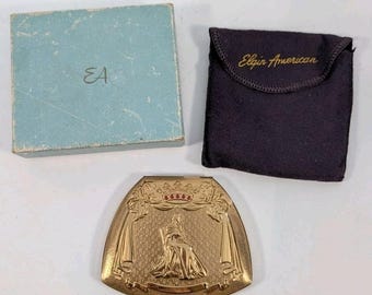 Vintage Elgin American ""Queen for a Day"" Gold Ton Puderdose - Made in USA."