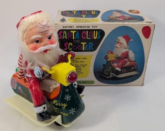 Vintage Santa Claus on Scooter Tin Japan Modern Toys Illfelder - READ