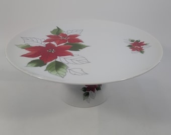 POINSETTIA Floral Pedestal Cake Plate Stand Holiday Christmas 10.5" x 4.5"