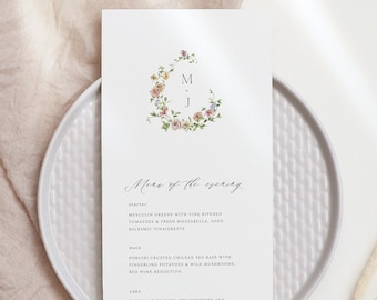 Wildflower Wedding Menu Template, Floral Wreath Printable Menu, Colorful, Editable Menu, Instant Download, Dinner Menu, Editable Template 04