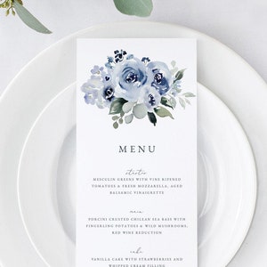 Blue Floral Wedding Menu Template, Dusty Blue Printable Menu, Editable Menu Instant Download, Templett, Dinner Menu Cards, Edit Yourself 34