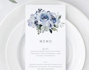Blue Floral Wedding Menu Template, Dusty Blue Printable Menu, Editable Menu Instant Download, Templett, Dinner Menu Cards, Edit Yourself 34
