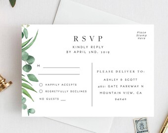Eucalyptus Greenery RSVP Card Template for Wedding Silver Leaf RSVP Wedding Insert Printable Green Leaf Editable Change Font and Text