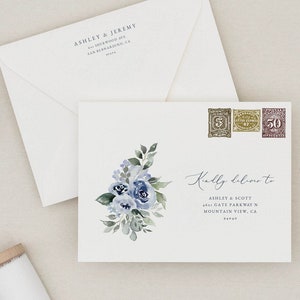 Envelope Addressing Template, Blue Floral Wedding Envelope, Wedding Address Template, Instant Download, Addressing Template, Editable 34