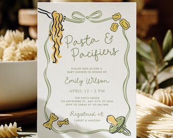 Invitación para baby shower con temática italiana: pasta y chupetes - Plantilla editable de Canva