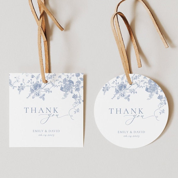 Dusty Blue Floral Favor Tag Printable, Victorian Wedding Gift Tag Template, Round Thank You, Square Gift Tags for Wedding,Favor Thank You 54