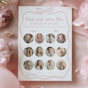 Pink Coquette - How Old Were the Parents To Be - Baby Shower Game Card With Photos