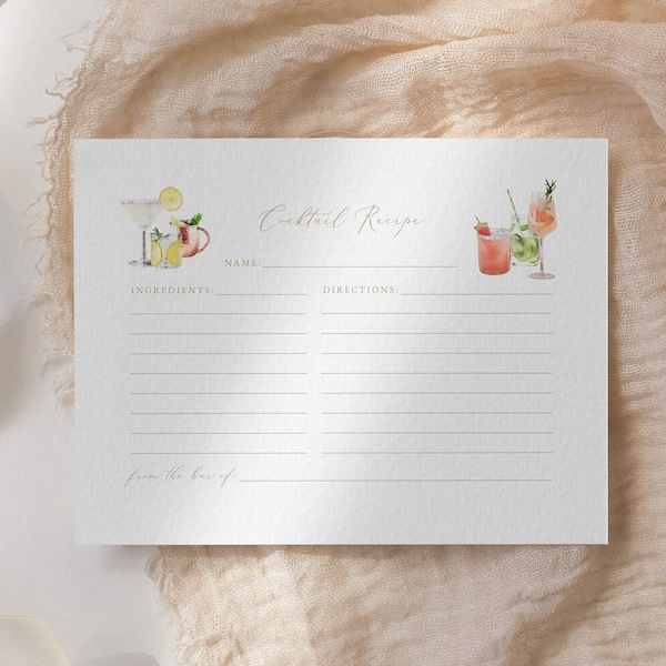 Printable Cocktail Recipe Cards, Bridal Shower Recipe Cards, Mother's Day Cocktail Recipe Card, Editable Recipe Insert, Modern Minimalist