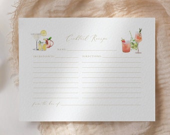 Printable Cocktail Recipe Cards, Bridal Shower Recipe Cards, Mother's Day Cocktail Recipe Card, Editable Recipe Insert, Modern Minimalist