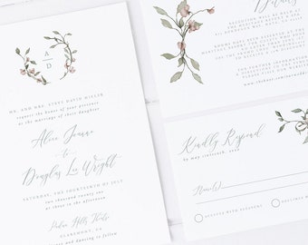 Monogram Floral Wreath Wedding Invitation Template, Editable Floral Greenery Wreath Wedding, Printable Invitation Set, Instant Download 39