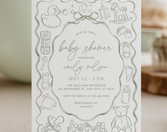 Salbeigrüne Toile-Babyparty-Einladung - Bearbeitbare Canva-Vorlage