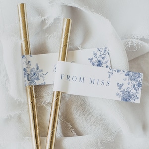 Blue Floral Straw Tag Template, , Bridal Shower Straw Tags, Editable Wedding Favor Straw Flags, Printable Drink Flag, Party Straw Tag 43