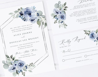 Dusty Blue Wedding Invitation Set, Instant Download, Silver Border, Navy Floral Wedding, Blue Floral Invitation Template, Invitation Set 34