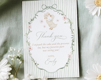 Dumme Gans-Babyparty-Dankeskarte, salbeigrünes Gänseblümchen-Thema (editierbare Canva-Vorlage)