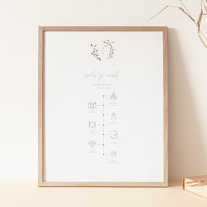 Monogram bruiloft tijdlijn, monogram krans, receptiesjabloon, afdrukbaar trouwschema, schema voor trouwdag, stoffige roze bloemen 39