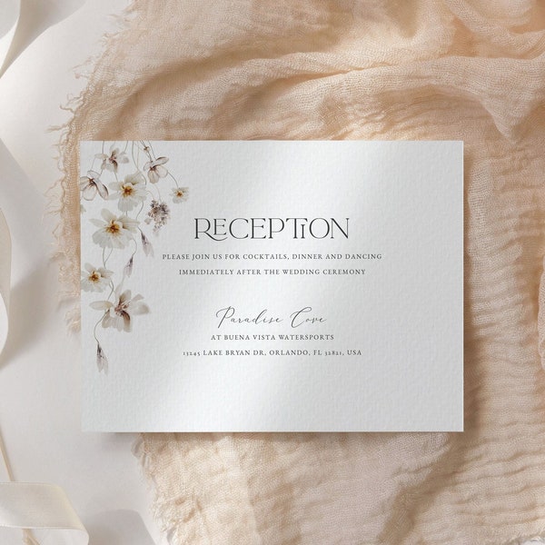 Beige Floral Reception Card, Printable Reception Card, Wedding Reception Insert Card Template, Editable Template, Reception Template 03