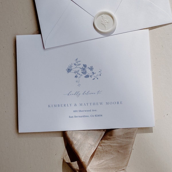 Blue Floral Envelope Addressing Template, Victorian Toile Floral, DIY Wedding Envelope Addressing A7, Printable Wedding Envelope 43