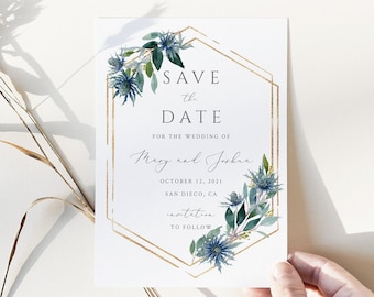 Thistle Save The Date Template, Blue Thistle, Save our Date, Instant Download, Printable Engagement, Editable Template, Blue Floral 25