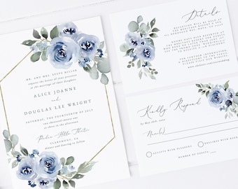 Dusty Blue Wedding Invitation Set, Instant Download, Navy Floral Wedding, Blue Floral Invitation Template, Blue Wedding Invitation Suite 34