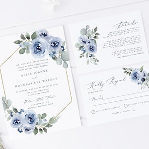 Dusty Blue Wedding Invitation Set, Instant Download, Navy Floral Wedding, Blue Floral Invitation Template, Blue Wedding Invitation Suite 34