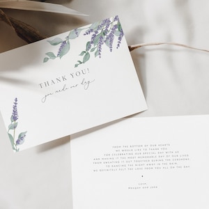 Biglietto di ringraziamento alla lavanda, modello di ringraziamento floreale viola, biglietto di ringraziamento viola, stampabile per matrimonio alla lavanda, matrimonio con verde lavanda 29