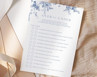 Over or Under Bridal Shower Game, Navy Blue Floral Bridal Shower, Bachelorette Game, Instant Download, Over Under Trivia Game, Editable 43