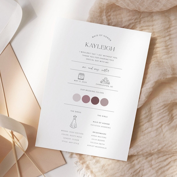 Bridesmaid Info Card Template, Printable Bridal Party Info Card, Bridesmaid Information Card, Modern Minimalist Bridesmaids Infographic 02