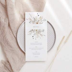 Neutral Wildflower Wedding Menu Template, White Beige Floral, Printable Menu, Editable, Instant Download, Dinner Menu, Editable Template 03