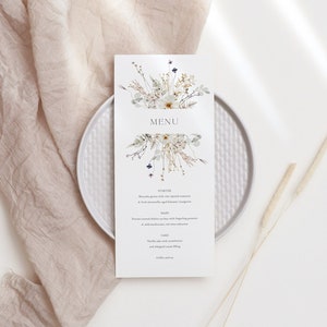 Plantilla de menú de boda con flores silvestres neutras, flores blancas y beige, menú imprimible, editable, descarga instantánea, menú de cena, plantilla editable 03