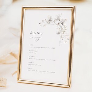 Sip Sip Hooray Sign, Bar Menu Sign, White Floral Drinks Menu, Minimalist Drink Menu, Editable Bar Menu, Whimsical Flowers Bar Menu Sign 20