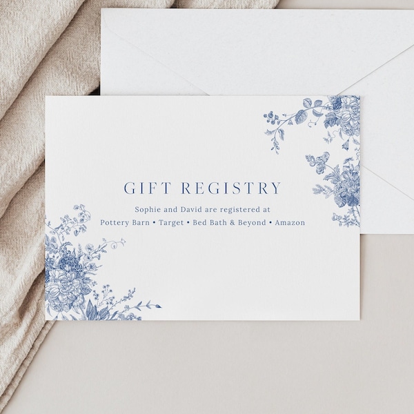 Blue Floral Wedding Registry Card Template, Gift Registry Card Insert, Registry Enclosure Card, Navy Blue Victorian Floral, Editable 43