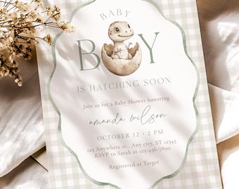 Dinosaur Baby Shower Invitation - Baby Boy Is Hatching Soon (Editable Template)