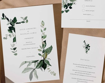 Greenery Wedding Invitation Set, Leafy Green Invite, Botanical Invite, Editable Template, Minimal Wedding Invitation Suite, Instant Download