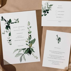 Greenery Wedding Invitation Set, Leafy Green Invite, Botanical Invite, Editable Template, Minimal Wedding Invitation Suite, Instant Download image 1