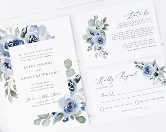 Blue Floral Invitation Template, Dusty Blue Wedding Invitation Set, Instant Download, Navy Floral Wedding, Blue Wedding Invitation Suite 34