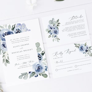 Blue Floral Invitation Template, Dusty Blue Wedding Invitation Set, Instant Download, Navy Floral Wedding, Blue Wedding Invitation Suite 34