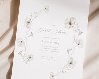 Minimalist Floral Bridal Shower Invitation Template, Simple Floral, White Floral Printable Bridal Shower, Editable Card, Instant Download 20