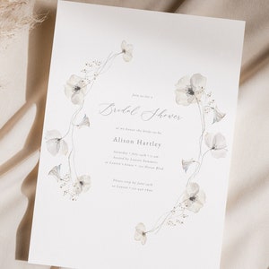 Minimalistische bloemen bruiloft uitnodiging sjabloon, eenvoudige bloemen, witte bloemen afdrukbare bruids douche, bewerkbare kaart, instant download 20