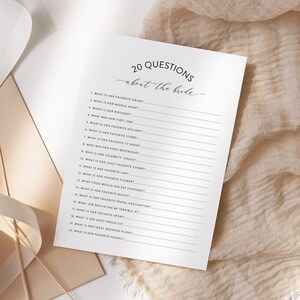 20 Questions About the Bride, Minimalist Bridal Shower Game, Who Knows the Bride, How Well Do You Know the Bride, Editable Template, Instant