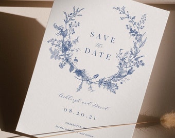 Printable Save the Date Template, Botanical Save the Date, Vintage Floral Wedding, Blue Floral Wedding, Save our Date, Instant Download 43