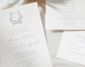 Ensemble d'Invitation de mariage de crête florale, crête florale d'aquarelle, invitation de crête de fleurs sauvages, ensemble d'invitation de mariage de monogramme, invitation imprimable 35