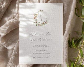 Wildflower Crest Wedding Invitation, Colorful Floral Wreath Invitation Template, Printable Invite, Instant Download, Minimalist Botanical 04