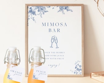 Blue Floral Mimosa Bar Sign, Bridal Shower Mimosa Sign, Wedding Mimosa Bubbly Bar, Wedding Sign Template, Minimalist Wedding Brunch Sign 43