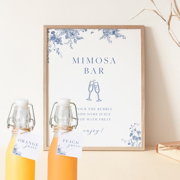 Blue Floral Mimosa Bar Sign, Bridal Shower Mimosa Sign, Wedding Mimosa Bubbly Bar, Wedding Sign Template, Minimalist Wedding Brunch Sign 43